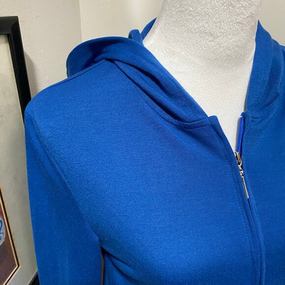 Bright Blue Zip Front Hoodie Size Small Pockets Lightweight Fine Knit Fabric - Picture 3 of 4